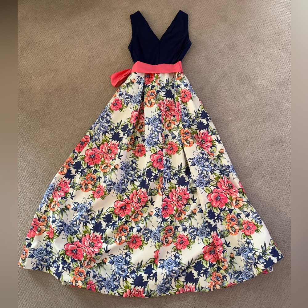 🩷Leslie Fay Floral Navy Blue & Coral Pink V-Neck Maxi Dress size 6 EUC - Picture 4 of 14